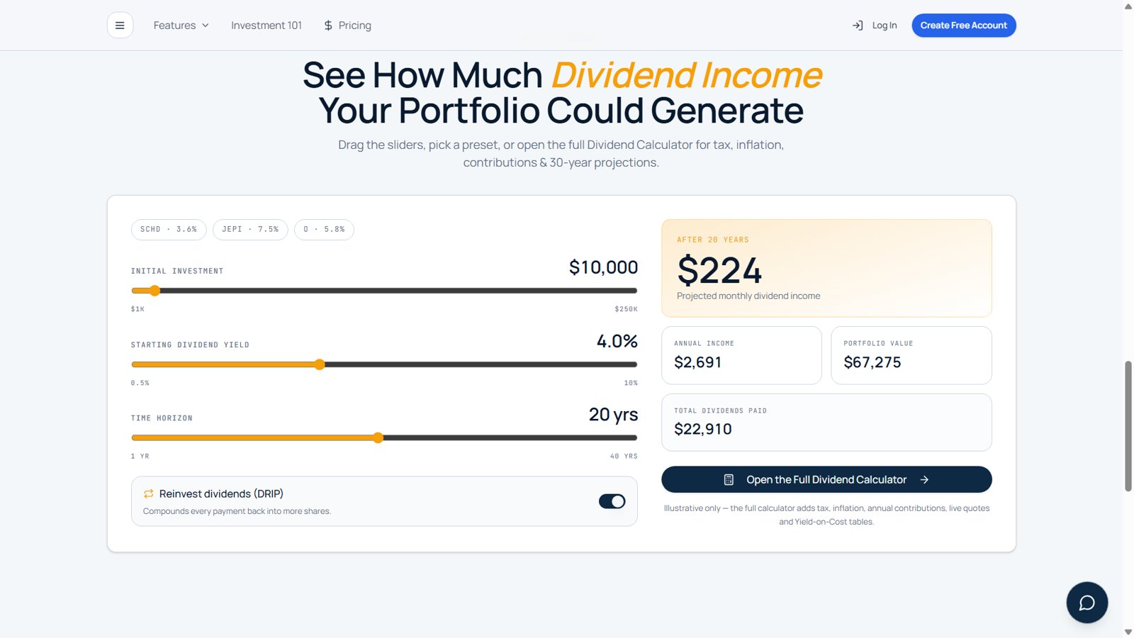 Dividend income calculator with sliders for investment, yield and time horizon