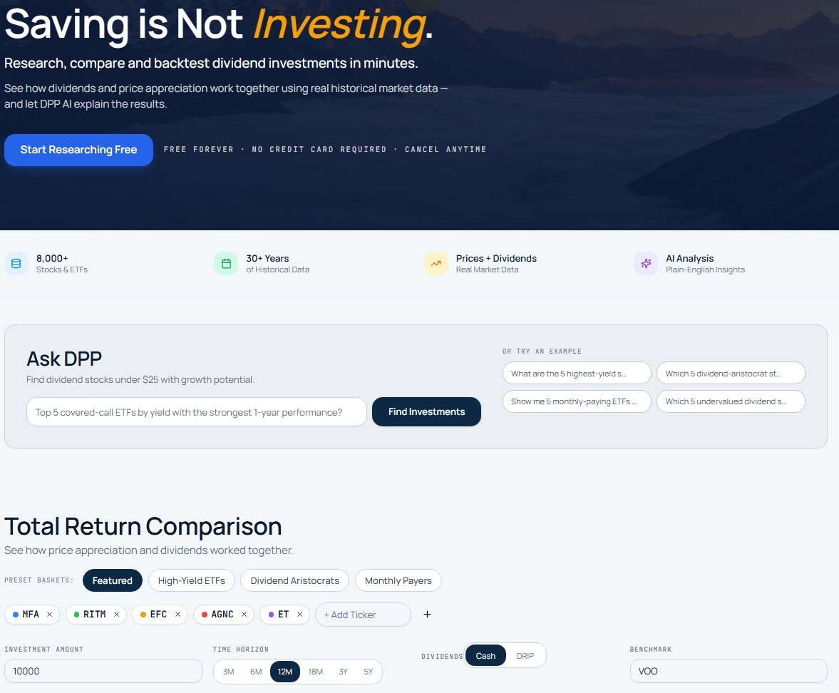 Dividend Portfolio Planner home page: Saving is Not Investing, with Ask DPP and the total return comparison tool
