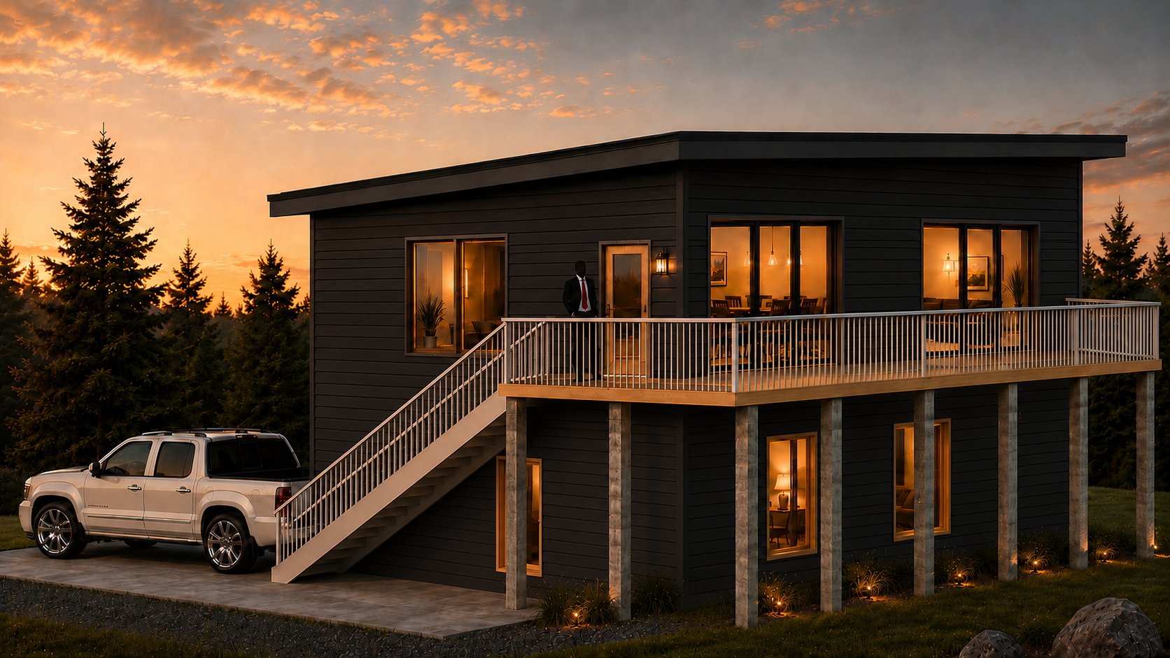 Rendering of a Yara's House residence at sunset, with an elevated deck and exterior stair